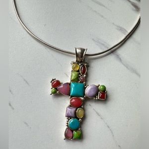 Sterling cross pendant and chain set with turquoise and other stones
